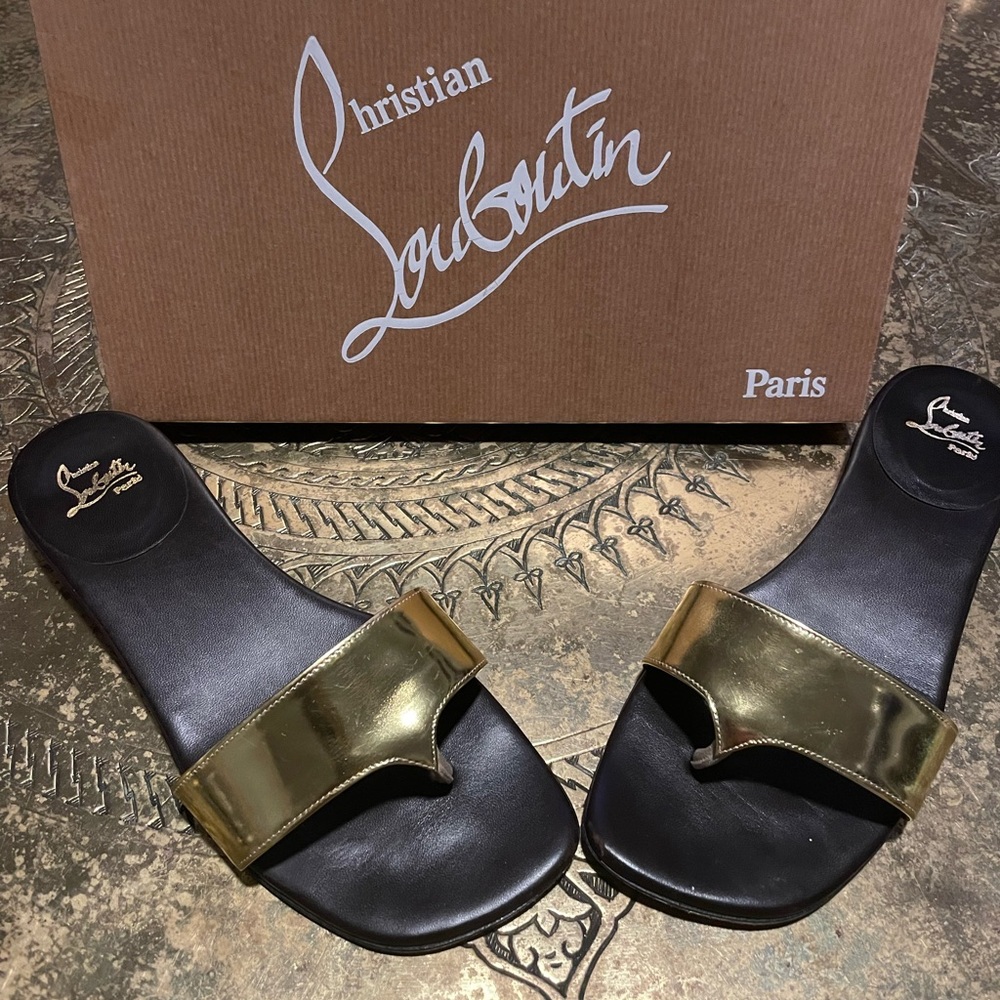 Christian Louboutin Patent Leather Gold Slides *Authentic* Size US7, IT37